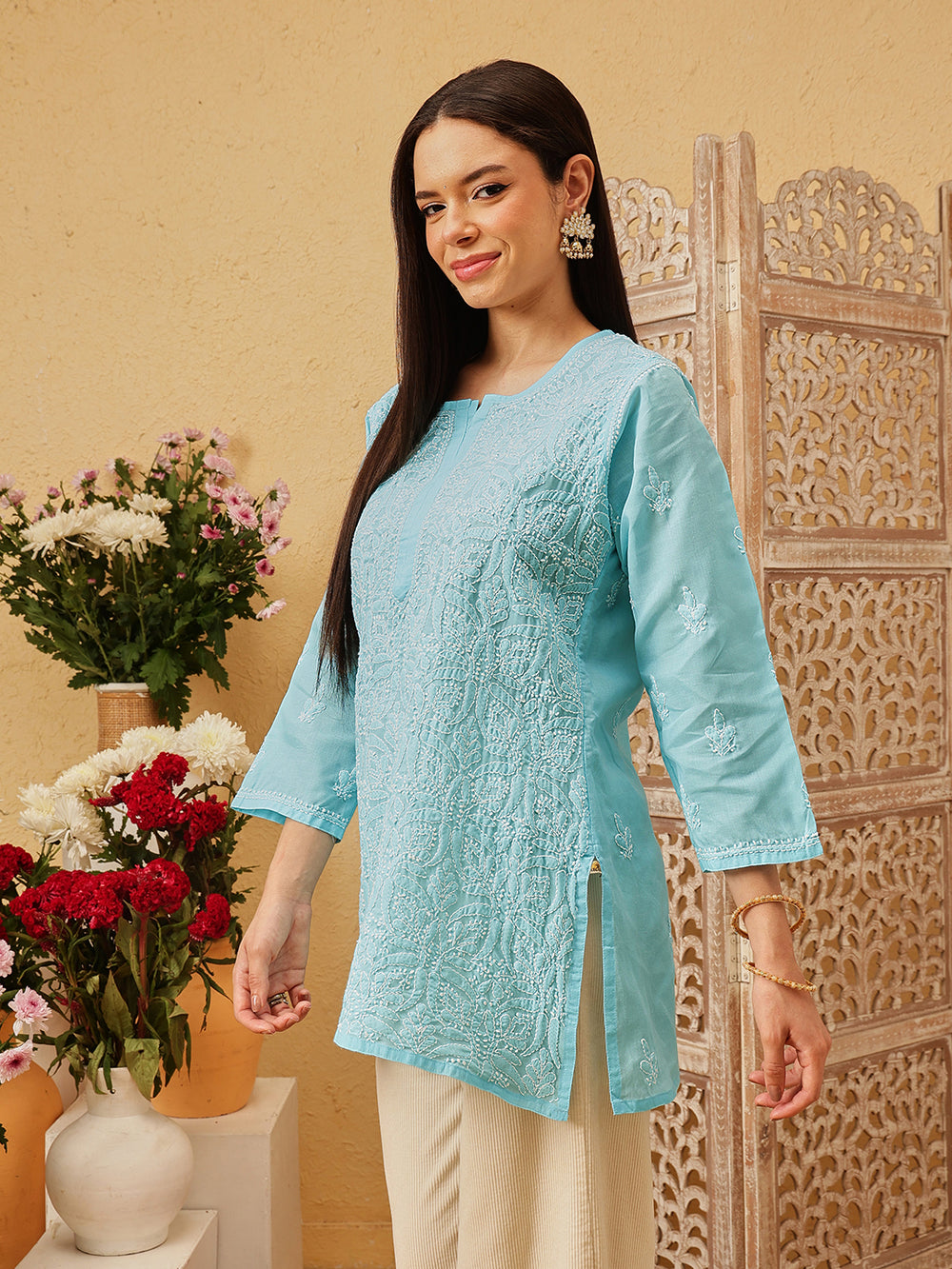 Blue-&-White-Cotton-Lucknowi-Tunic-Only