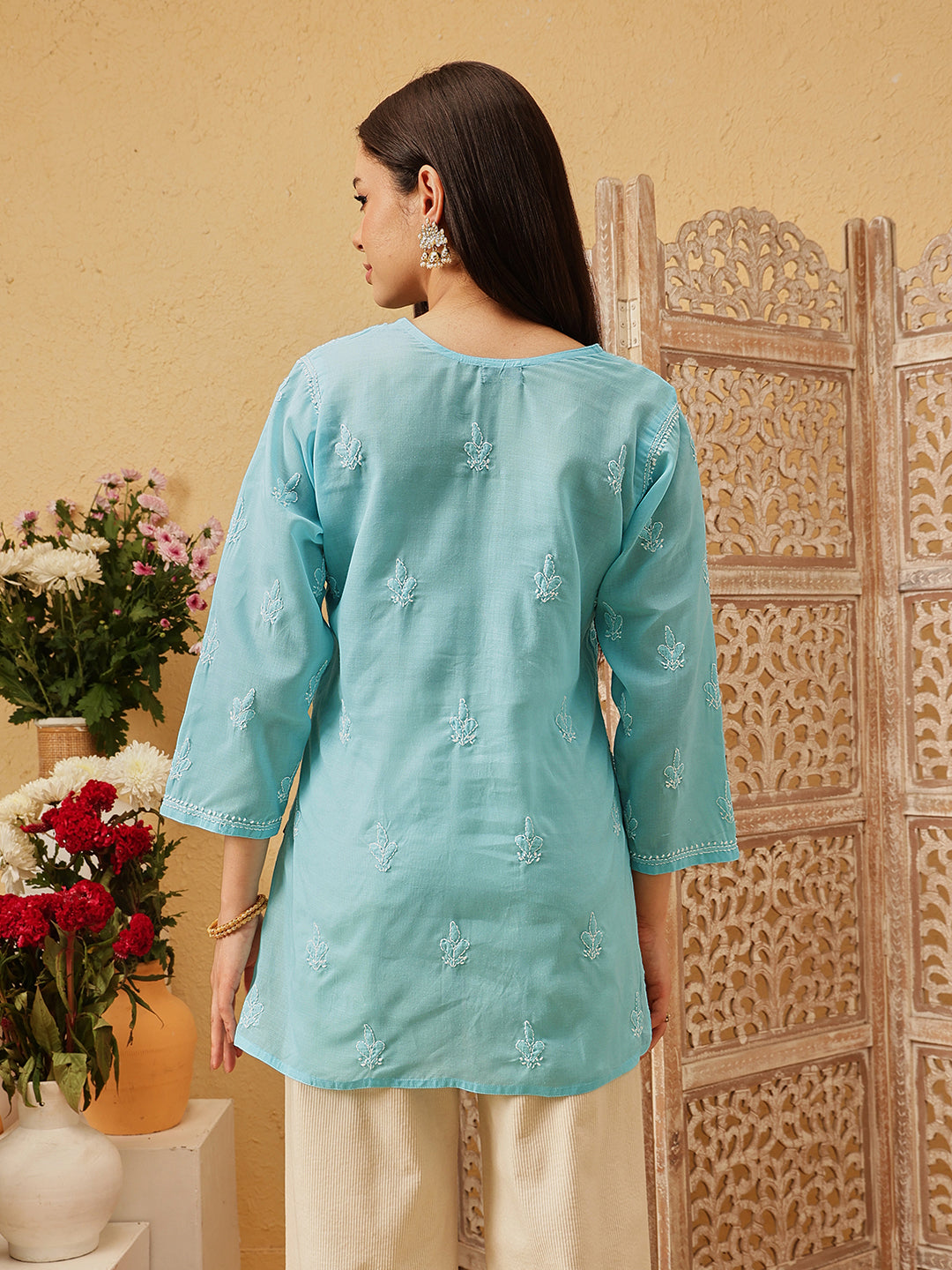 Blue-&-White-Cotton-Lucknowi-Tunic-Only