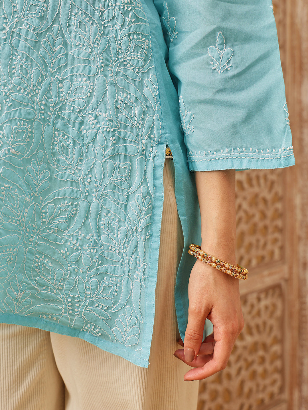 Blue-&-White-Cotton-Lucknowi-Tunic-Only