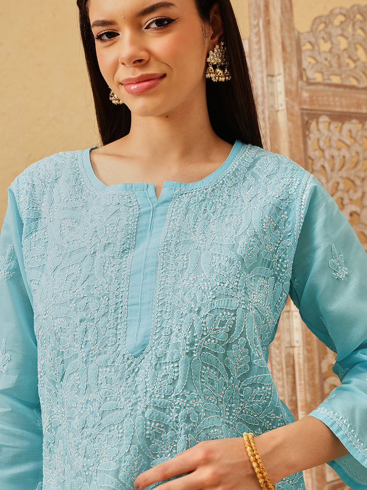Blue-&-White-Cotton-Lucknowi-Tunic-Only
