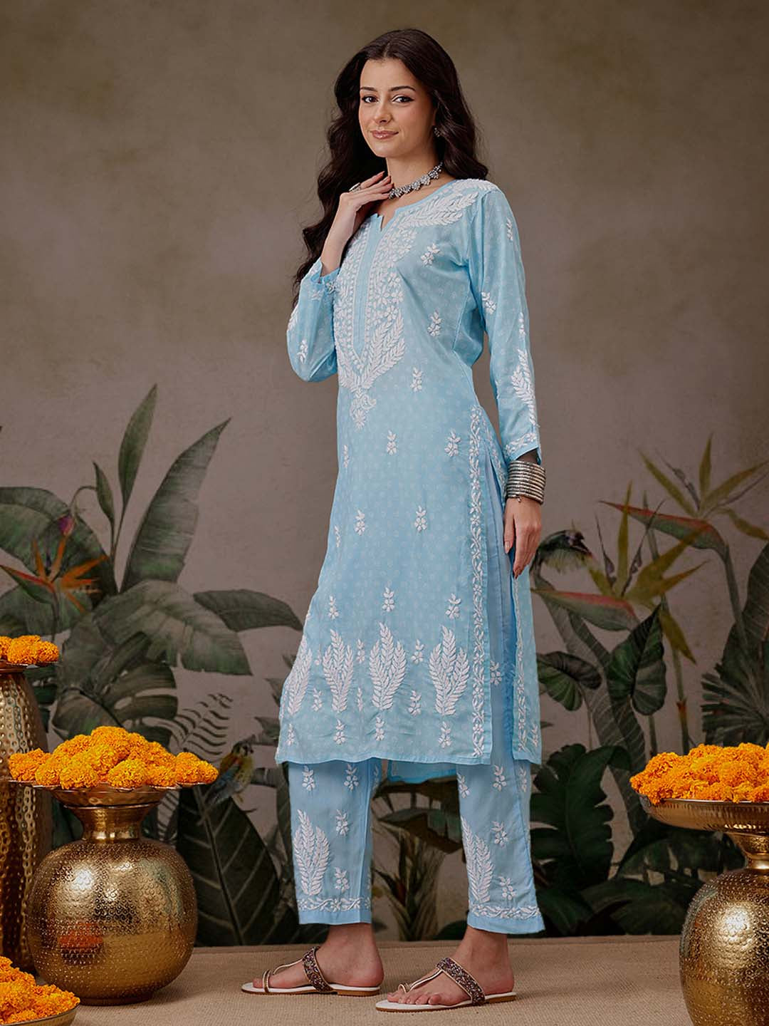 Blue-&-White-Cotton-Lucknowi-Chikankari-2-Piece-Kurta-Set
