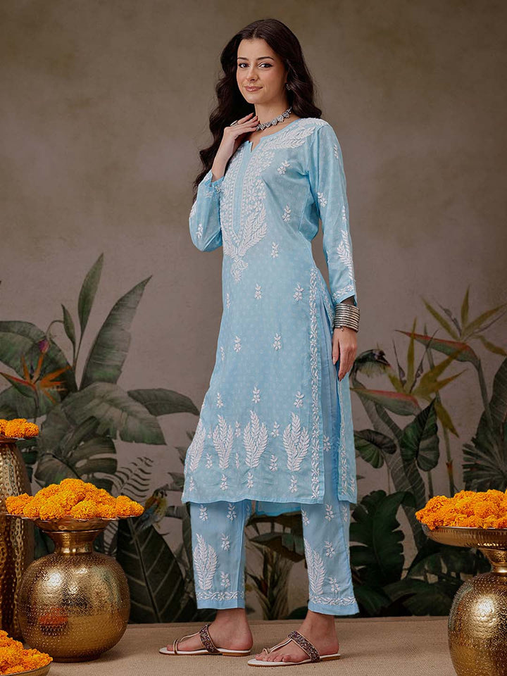 Blue-&-White-Cotton-Lucknowi-Chikankari-2-Piece-Kurta-Set