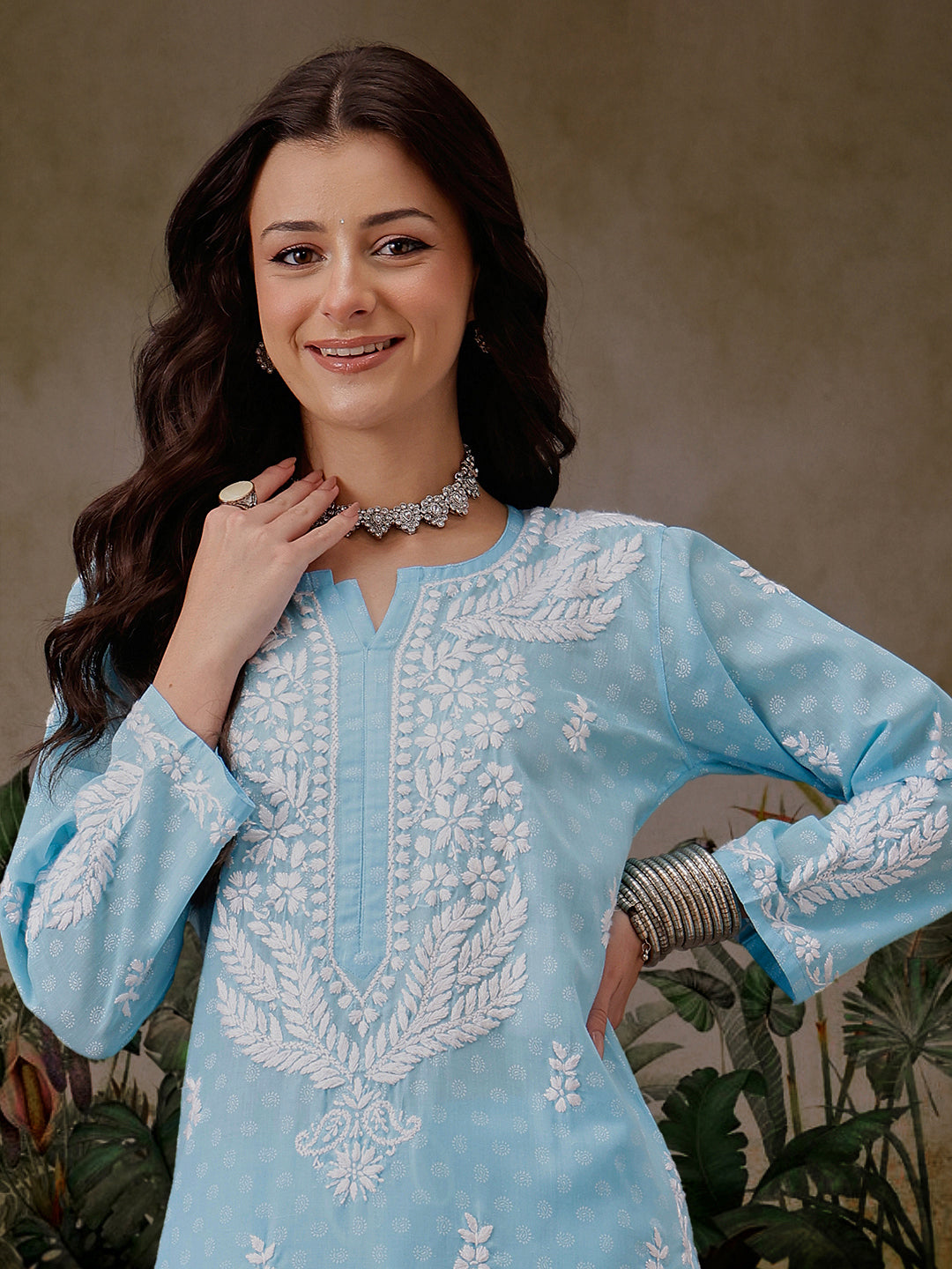 Blue-&-White-Cotton-Lucknowi-Chikankari-2-Piece-Kurta-Set
