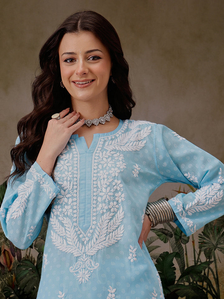 Blue-&-White-Cotton-Lucknowi-Chikankari-2-Piece-Kurta-Set