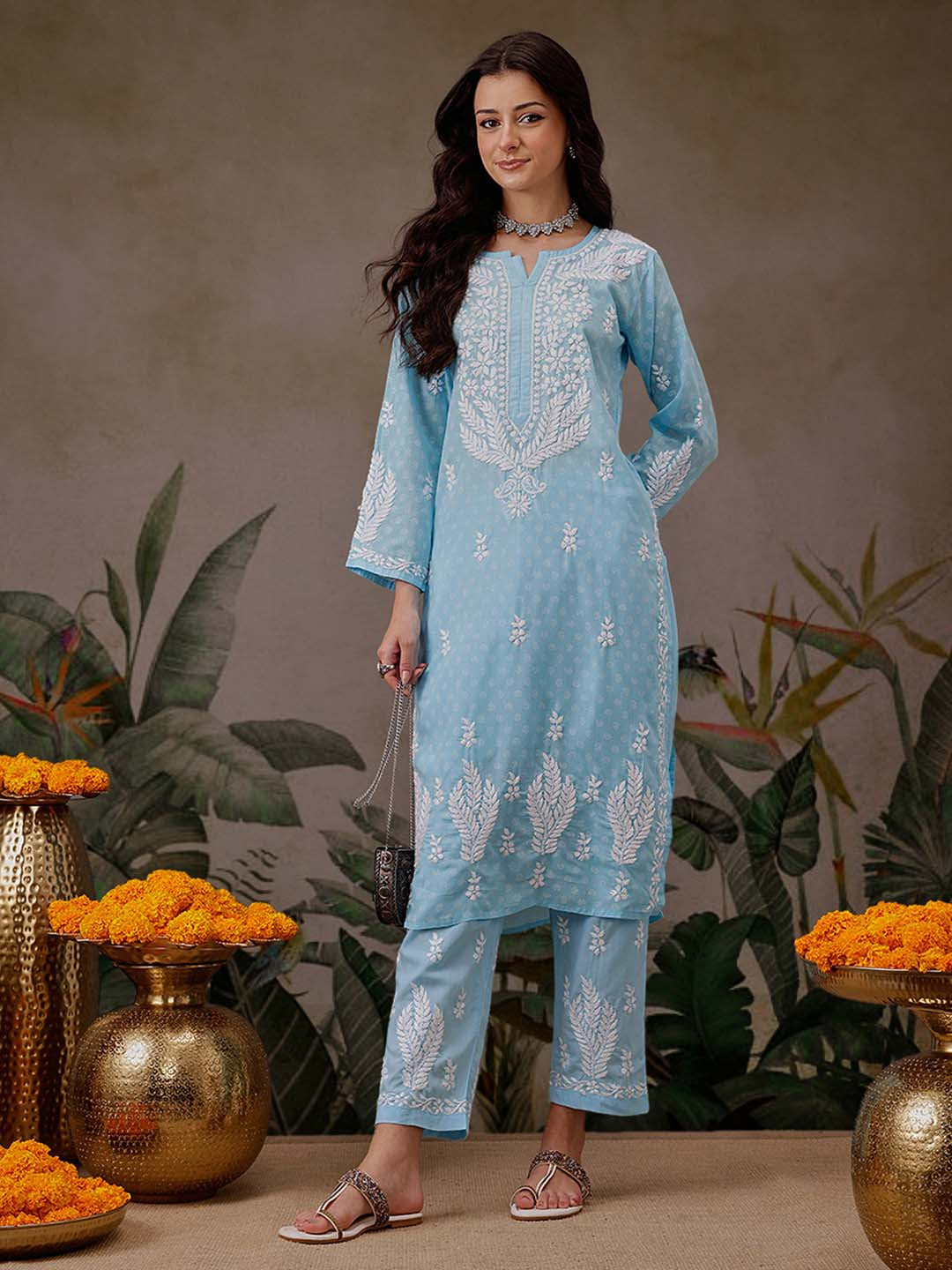 Blue-&-White-Cotton-Lucknowi-Chikankari-2-Piece-Kurta-Set