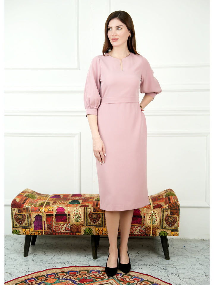 Blush-Pink-Blended-Fabric-Bright-Low-3/4-Puff-Sleeve-Dress