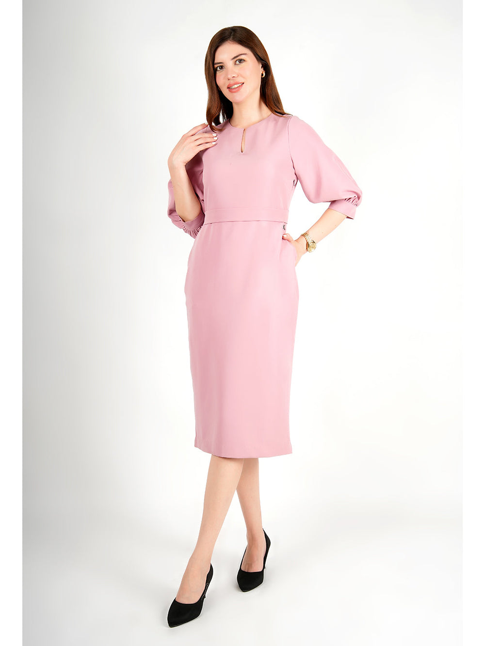 Blush-Pink-Blended-Fabric-Bright-Low-3/4-Puff-Sleeve-Dress