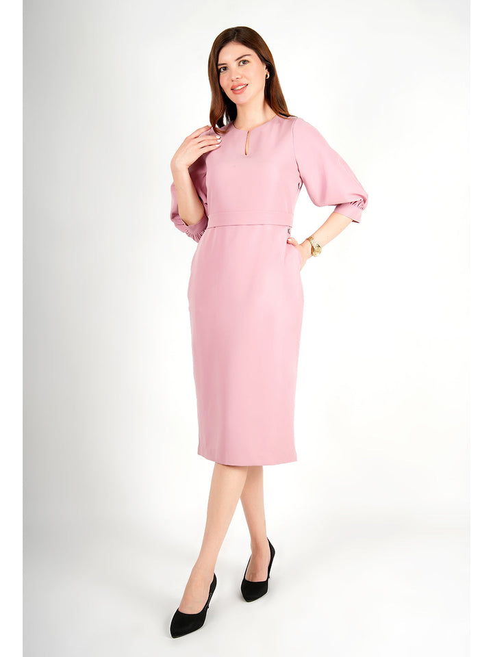 Blush-Pink-Blended-Fabric-Bright-Low-3/4-Puff-Sleeve-Dress