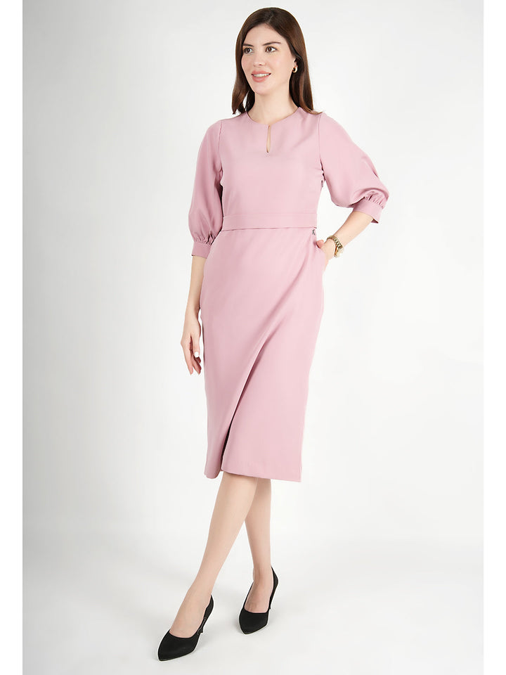 Blush-Pink-Blended-Fabric-Bright-Low-3/4-Puff-Sleeve-Dress