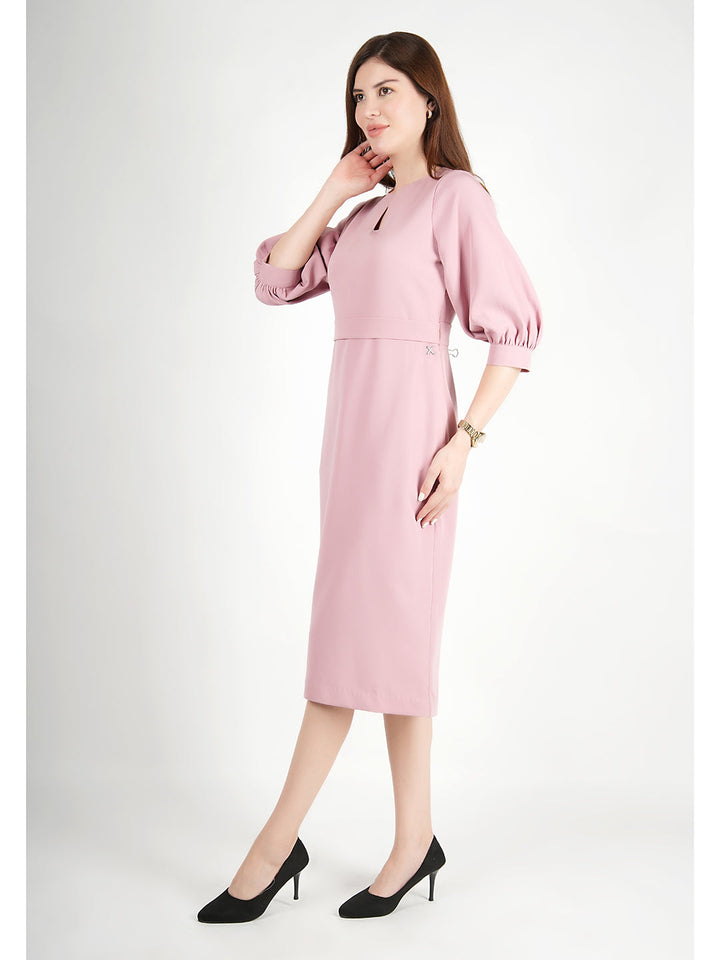 Blush-Pink-Blended-Fabric-Bright-Low-3/4-Puff-Sleeve-Dress