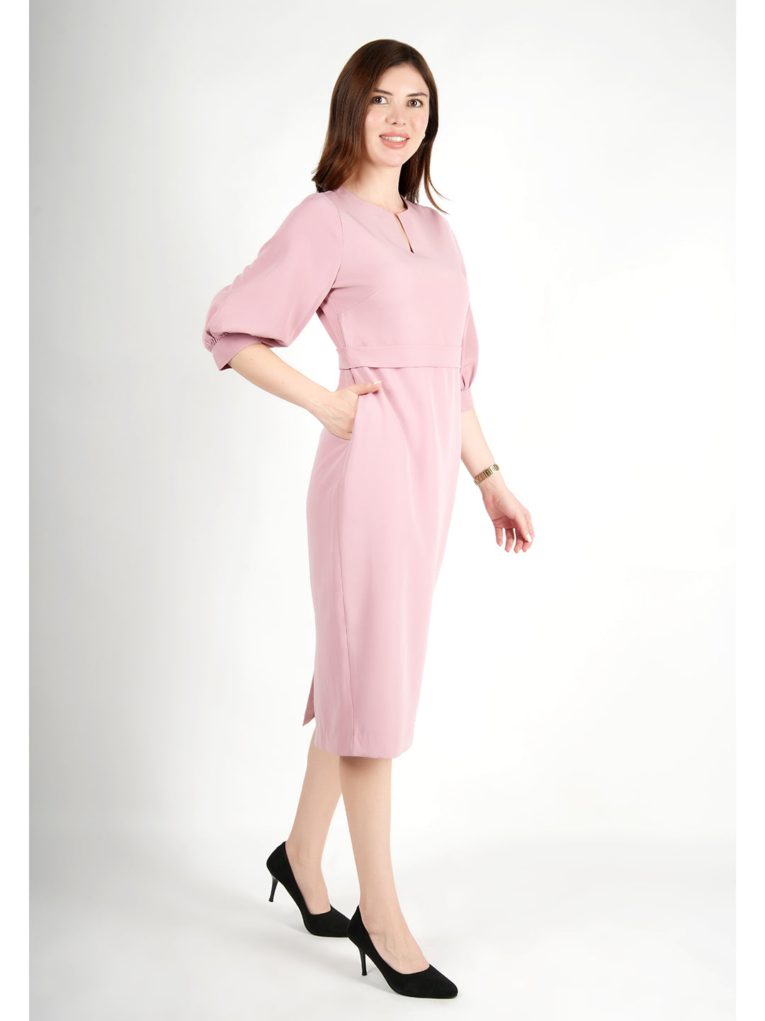 Blush-Pink-Blended-Fabric-Bright-Low-3/4-Puff-Sleeve-Dress