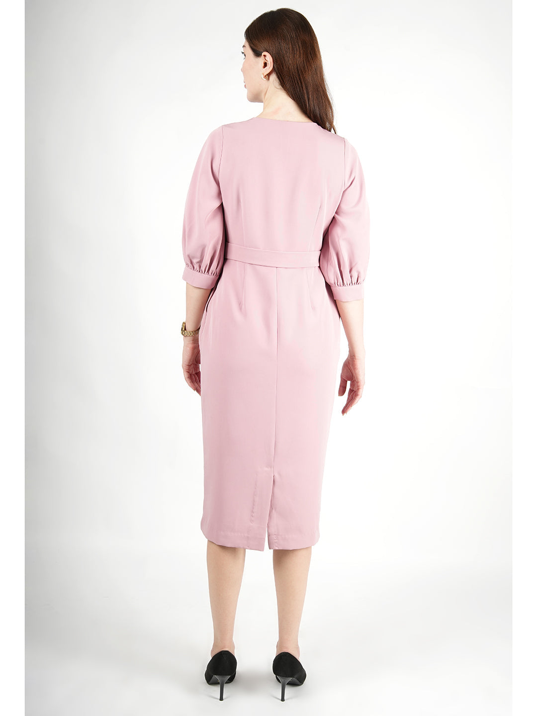 Blush-Pink-Blended-Fabric-Bright-Low-3/4-Puff-Sleeve-Dress