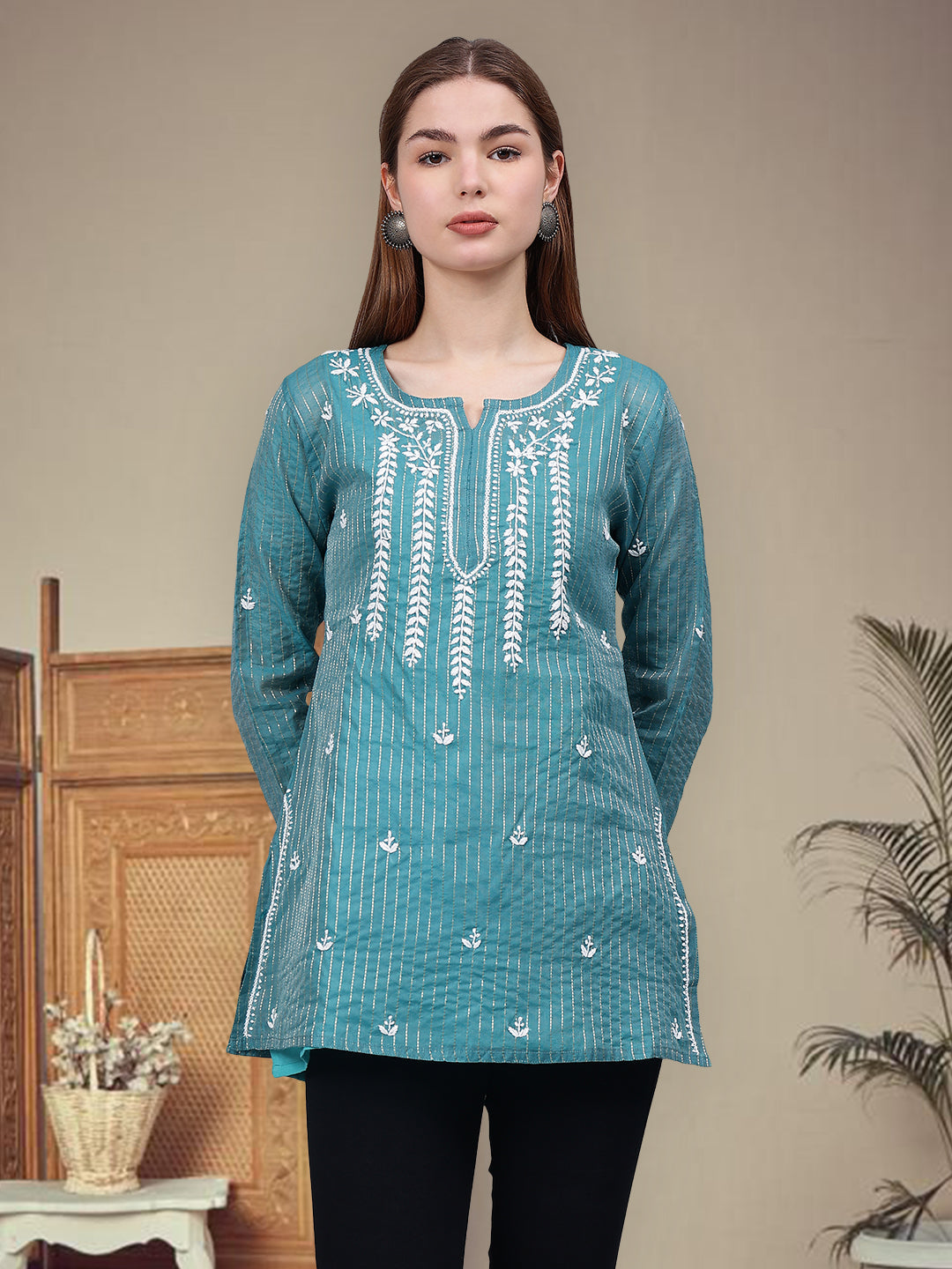 Bottle-Green-Chanderi-Chikankari-Tunic-With-Slip