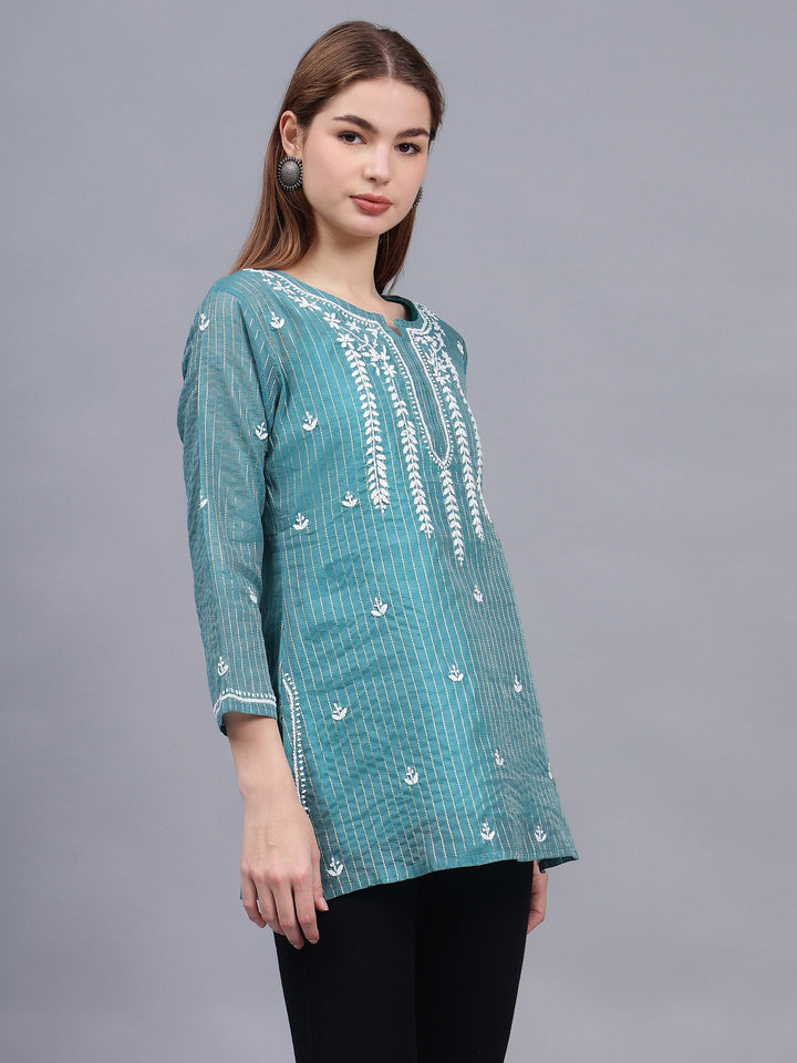 Bottle-Green-Chanderi-Chikankari-Tunic-With-Slip