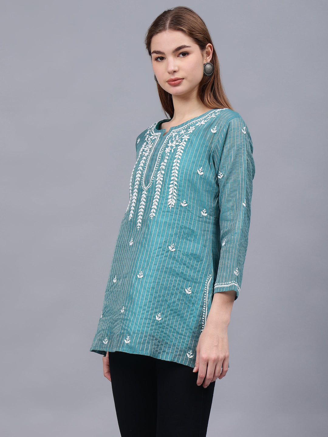 Bottle-Green-Chanderi-Chikankari-Tunic-With-Slip