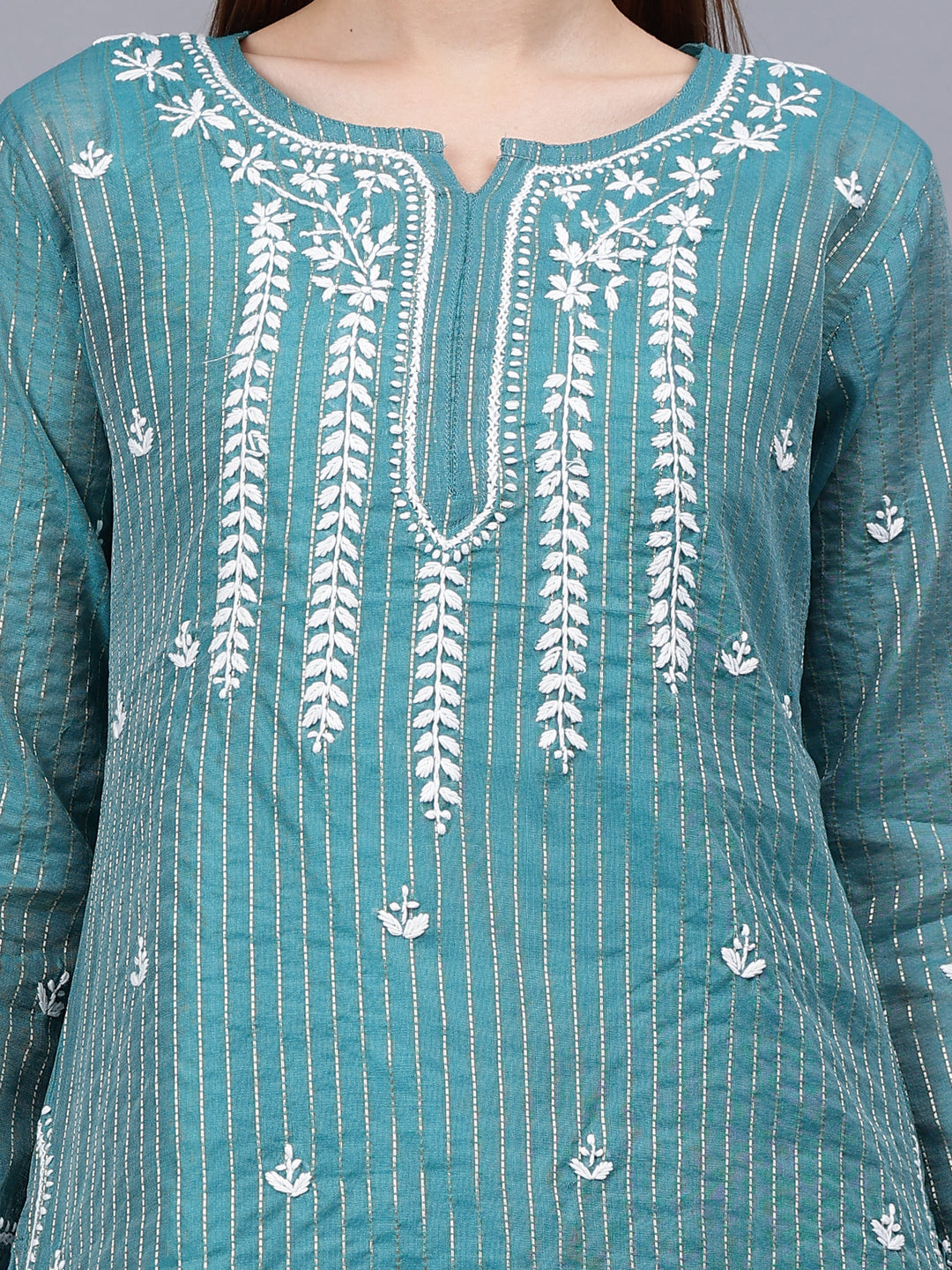 Bottle-Green-Chanderi-Chikankari-Tunic-With-Slip