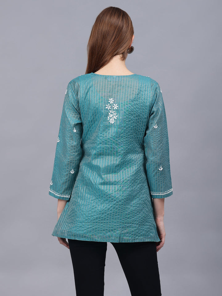 Bottle-Green-Chanderi-Chikankari-Tunic-With-Slip