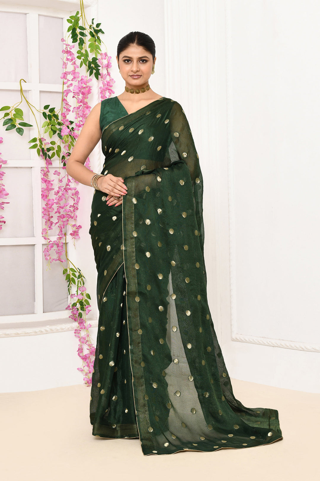 ZERESOUQ-Bottle-Green-Chiffon-Tissue-Saree-With-Golden-Polka-Dots