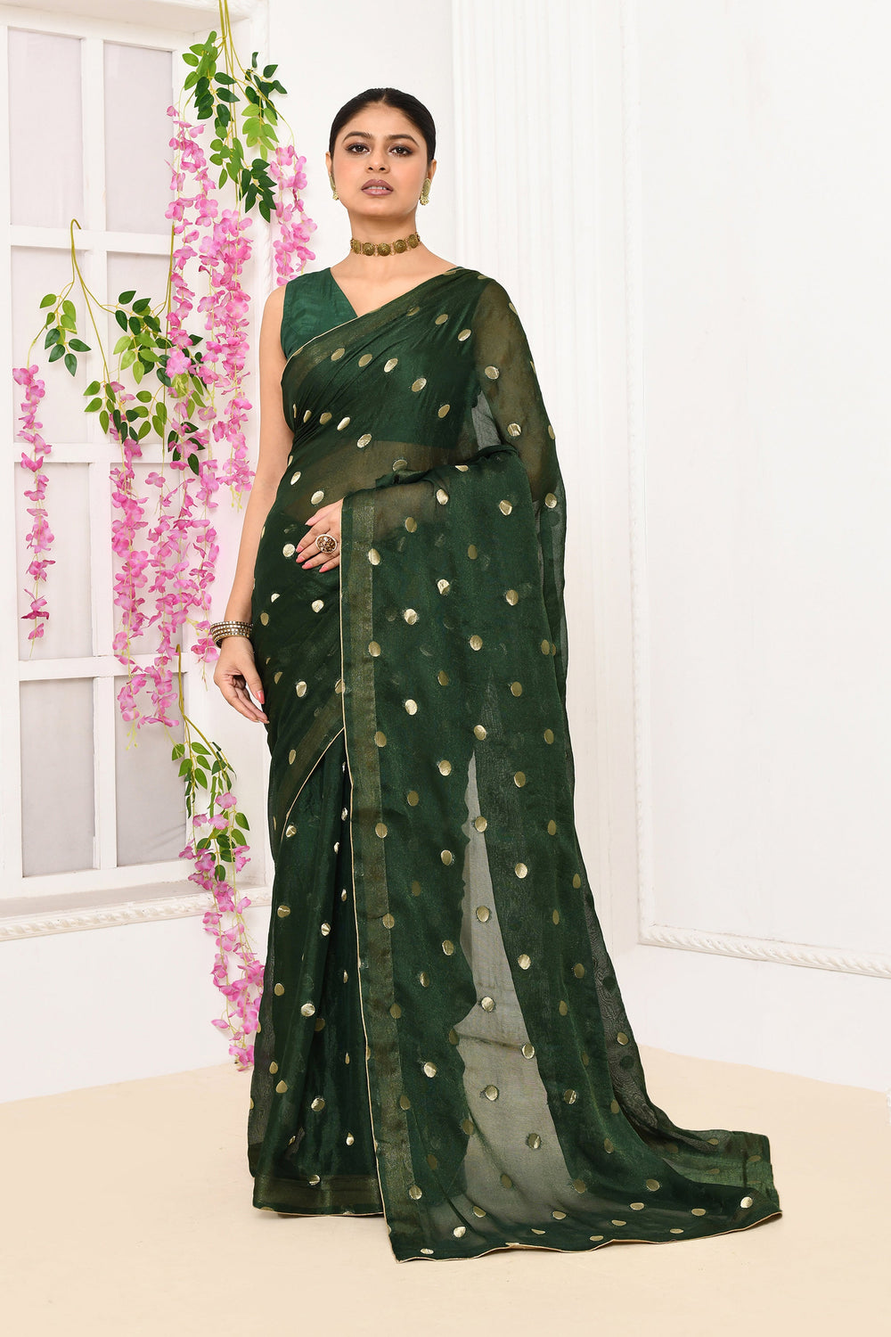 ZERESOUQ-Bottle-Green-Chiffon-Tissue-Saree-With-Golden-Polka-Dots