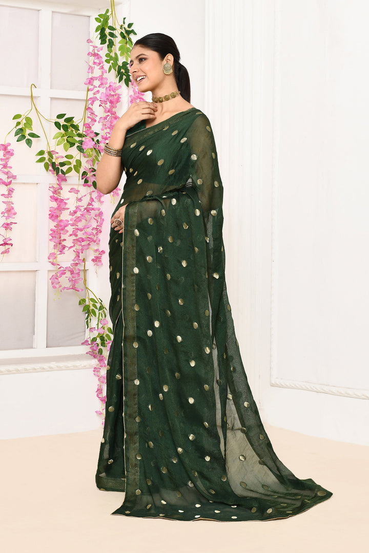 Bottle-Green-Chiffon-Tissue-Saree-With-Golden-Polka-Dots