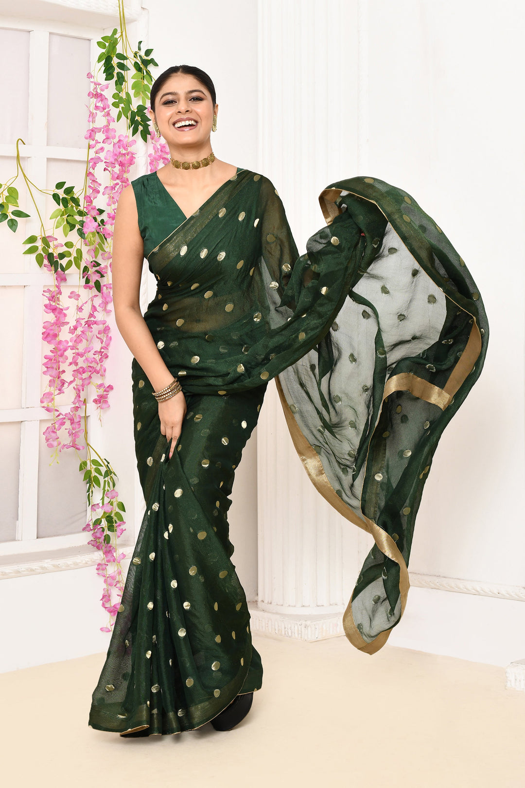 Bottle-Green-Chiffon-Tissue-Saree-With-Golden-Polka-Dots