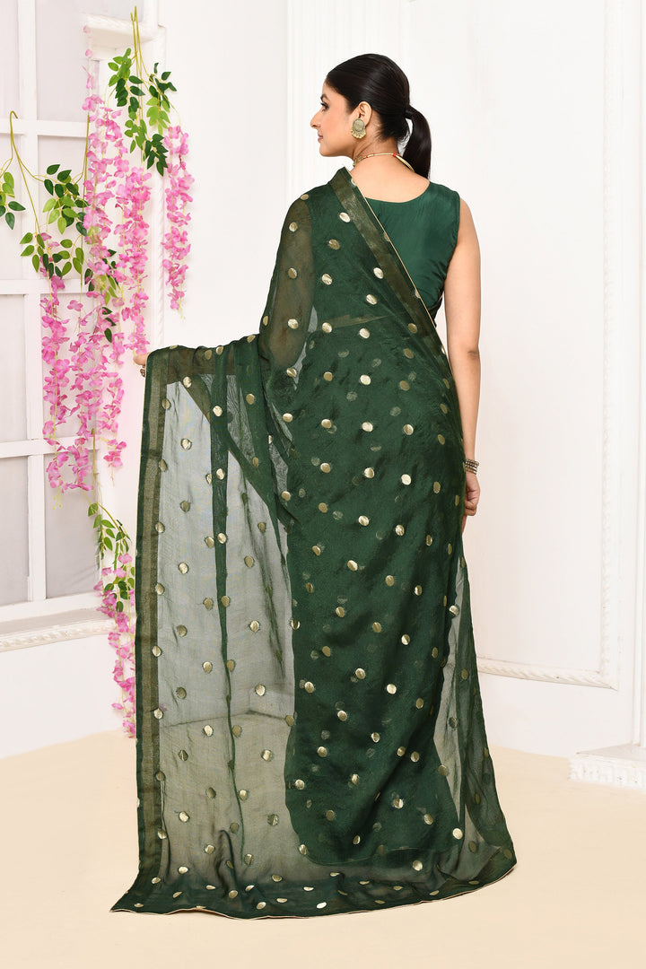 Bottle-Green-Chiffon-Tissue-Saree-With-Golden-Polka-Dots