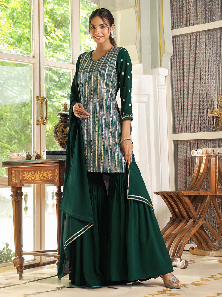 Bottle Green Georgette Embroidered Straight Kurta Set