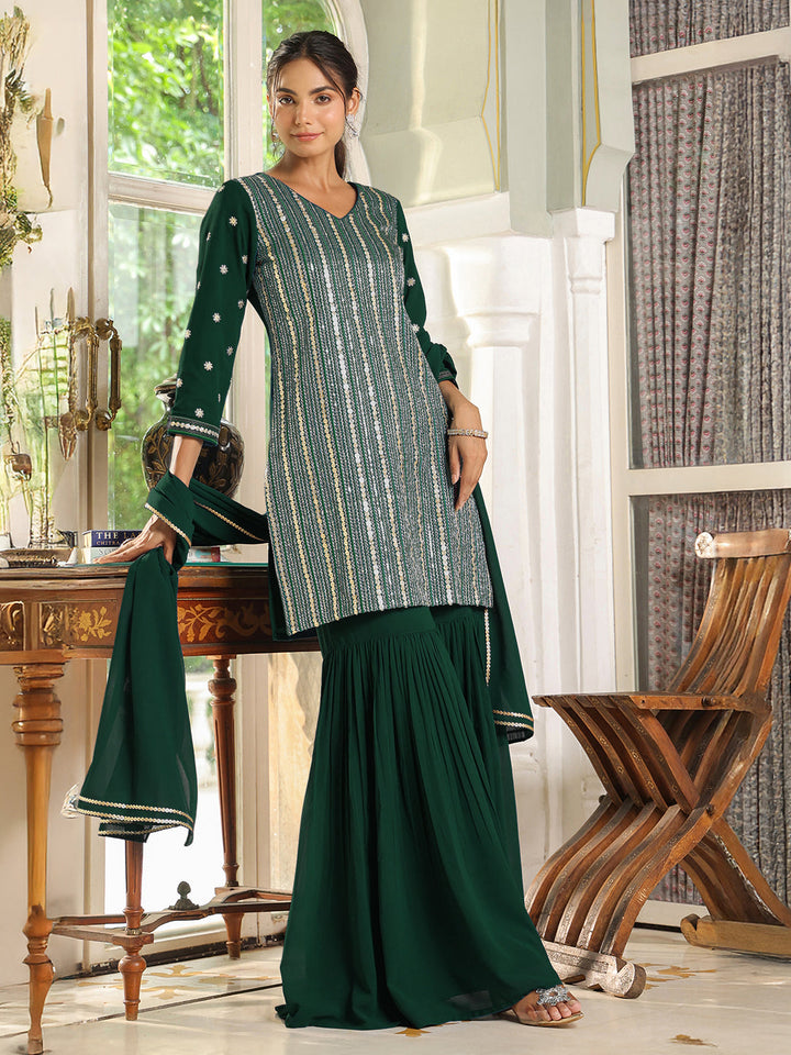 Bottle Green Georgette Embroidered Straight Kurta Set