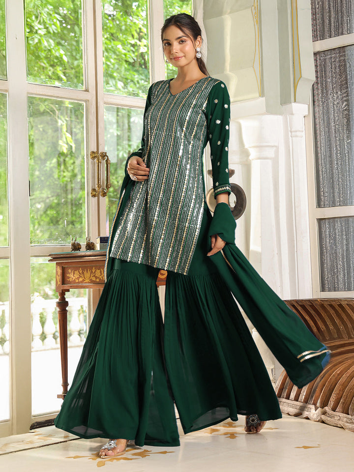 Bottle Green Georgette Embroidered Straight Kurta Set