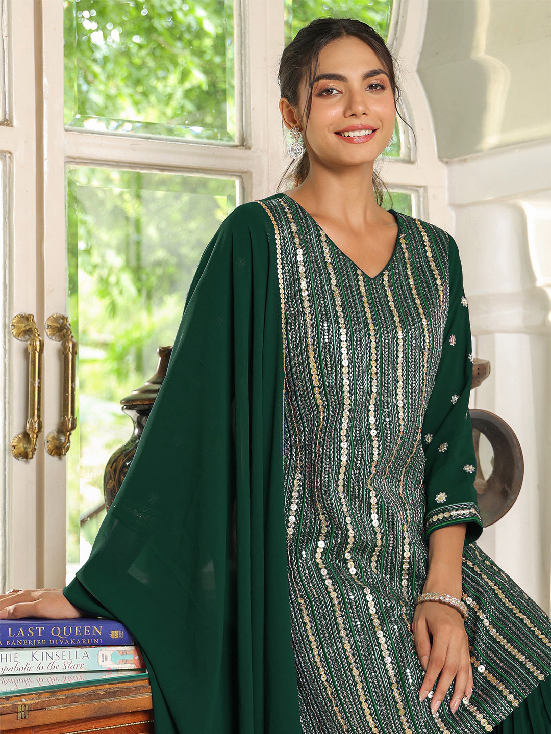 Bottle Green Georgette Embroidered Straight Kurta Set