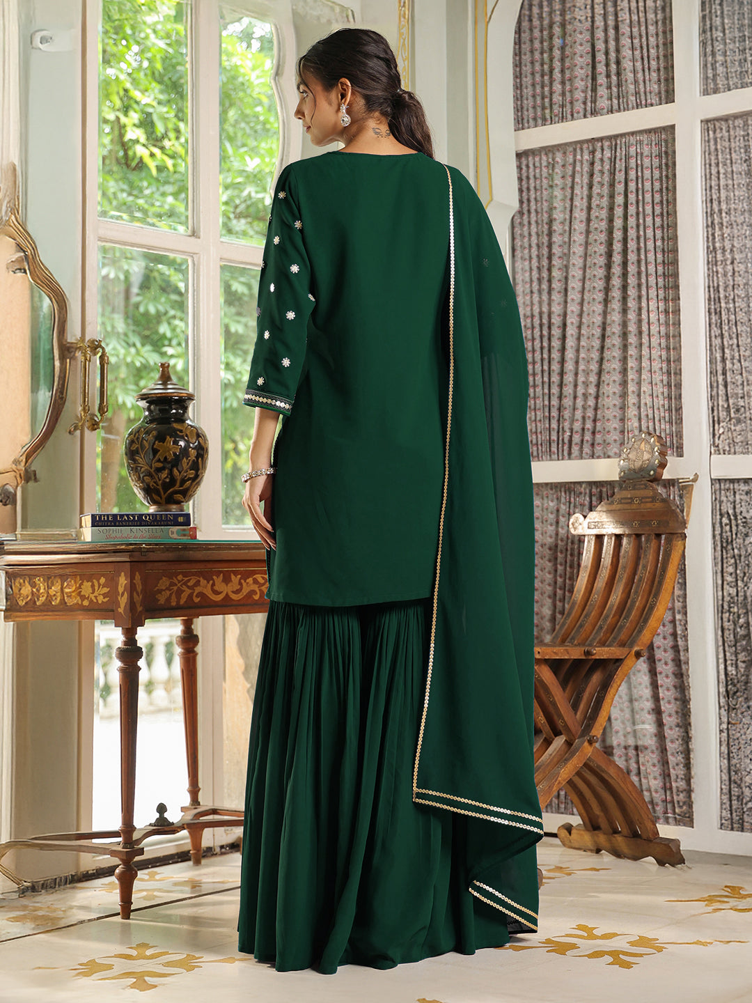 Bottle Green Georgette Embroidered Straight Kurta Set