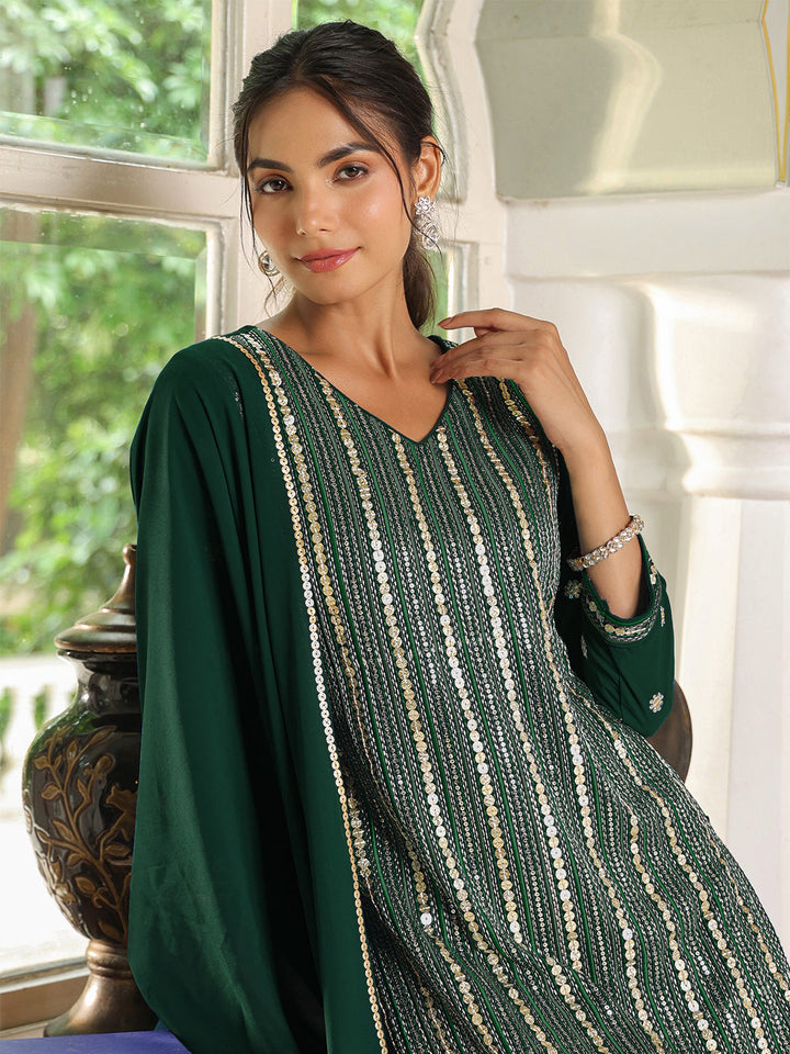 Bottle Green Georgette Embroidered Straight Kurta Set