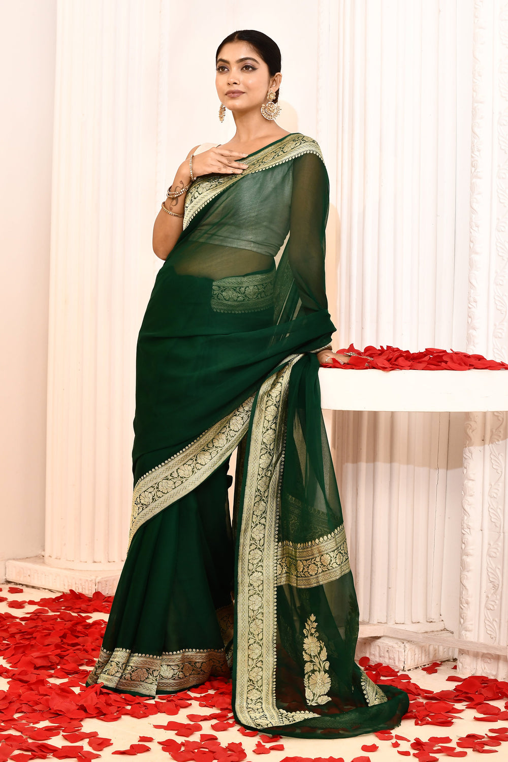 Bottle-Green-Khaddi-Georgette-Banarasi-Saree-With-Booti-Blouse