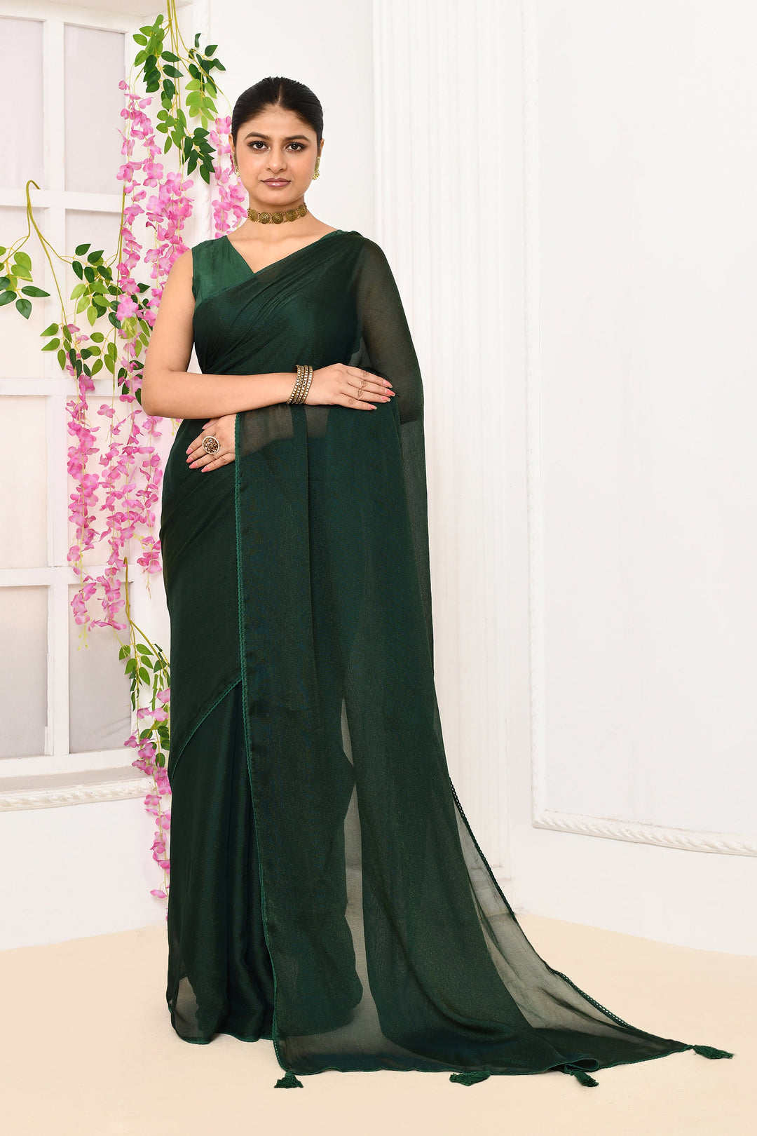 Bottle-Green-Plain-Chiffon-Tissue-Saree