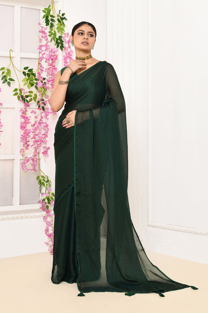 Bottle-Green-Plain-Chiffon-Tissue-Saree