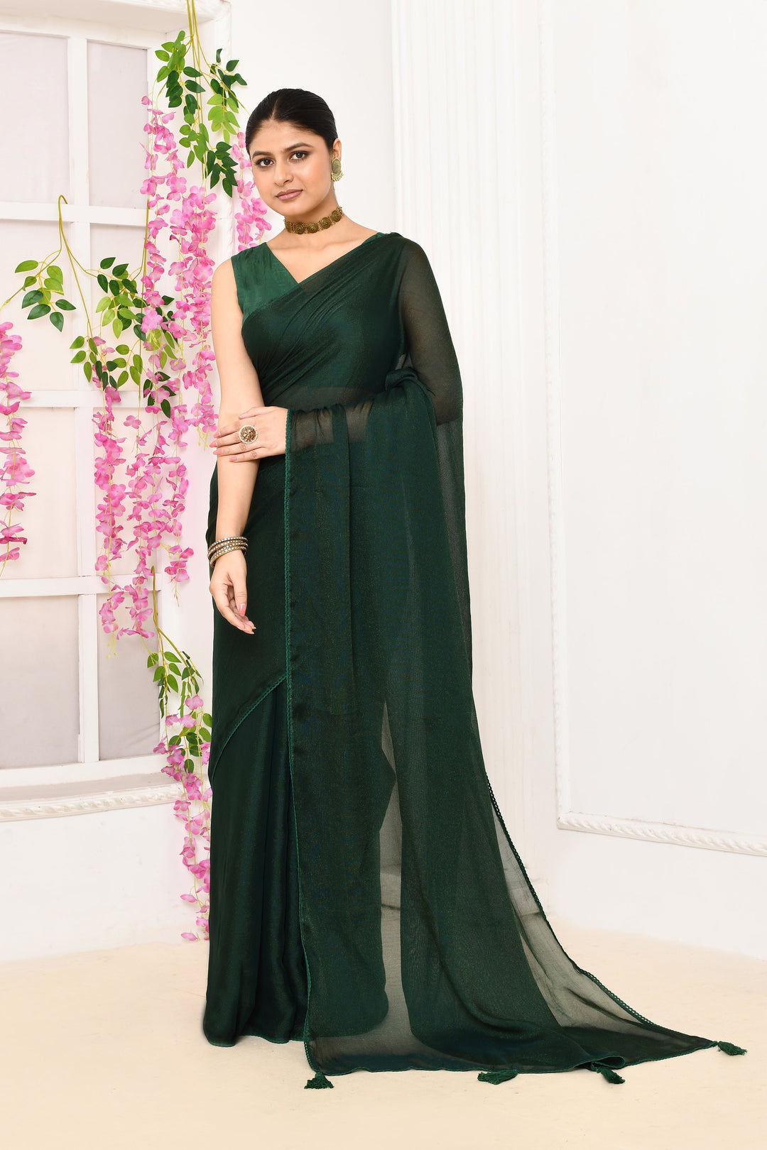 Bottle-Green-Plain-Chiffon-Tissue-Saree