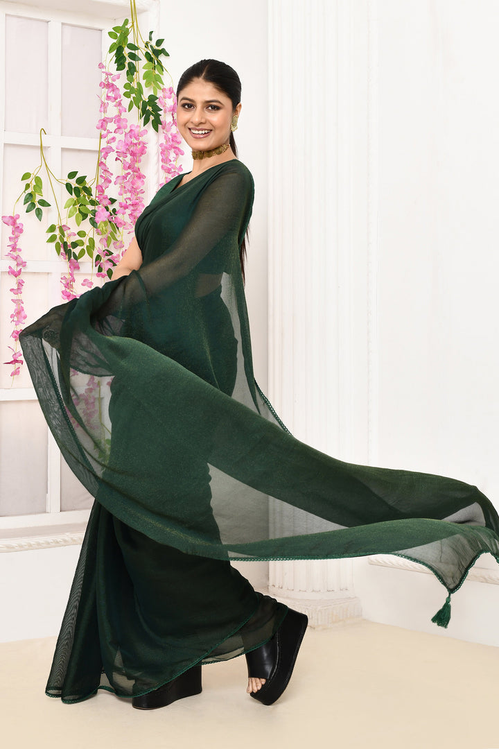 Bottle-Green-Plain-Chiffon-Tissue-Saree