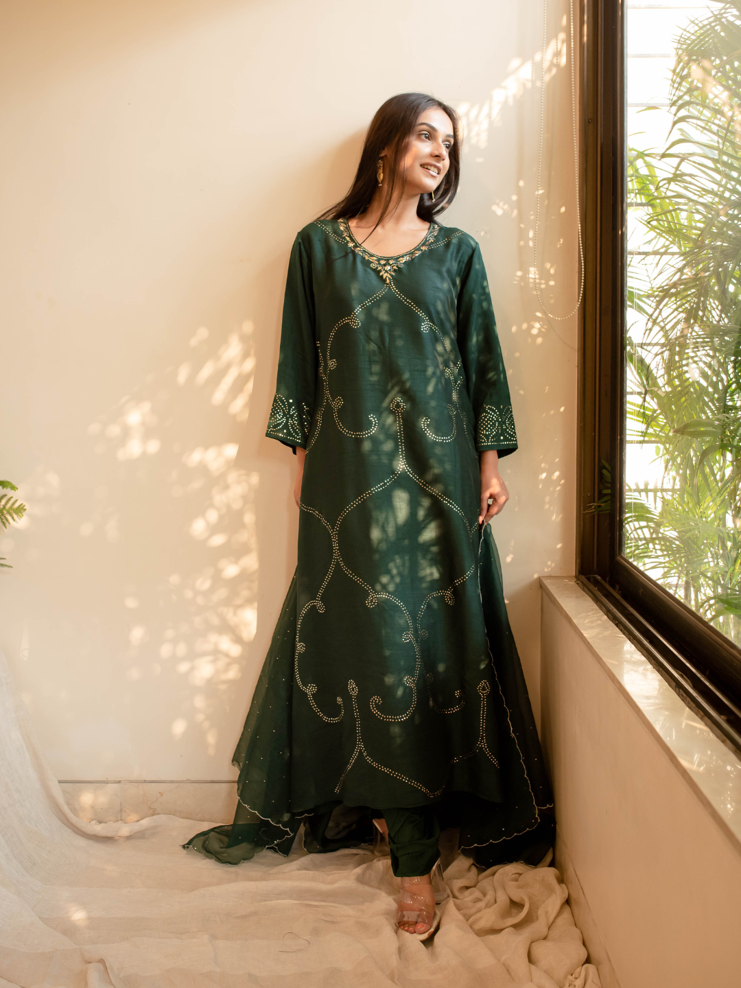 Bottle-Green-Silk-Zardozi-Mukaish-Work-Kurta-Set