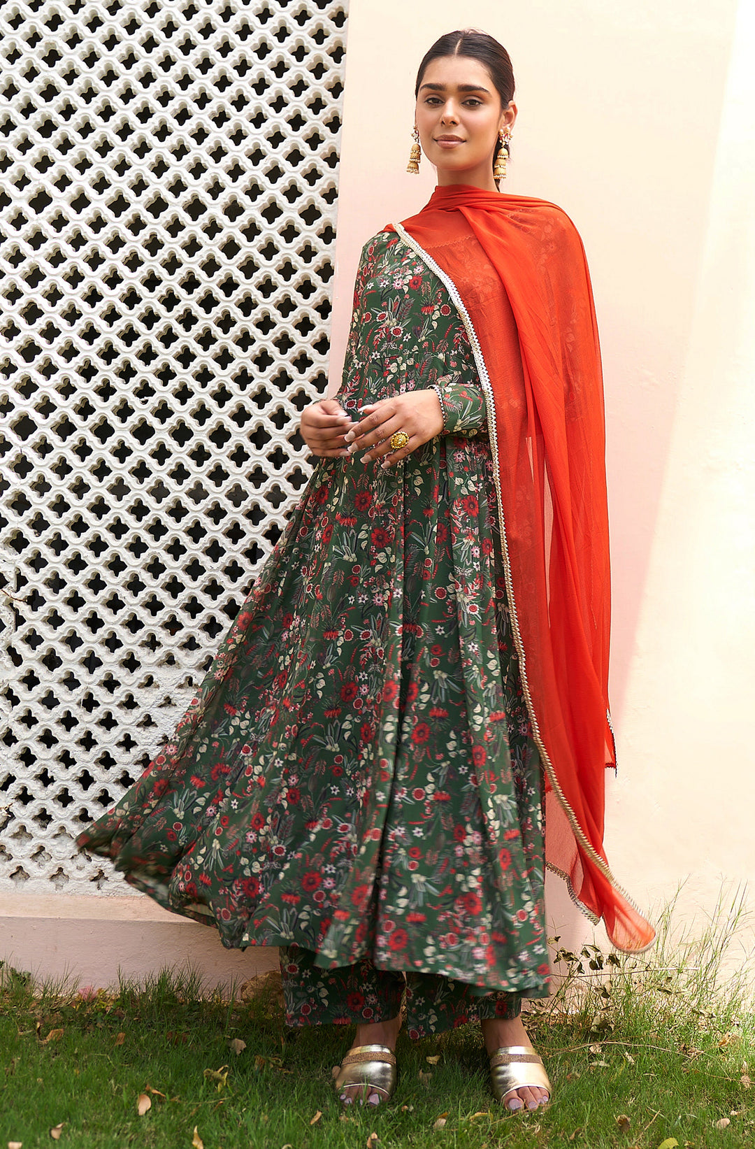 Bottle-Green-Georgette-Digital-Printed-3-Piece-Anarkali-Set