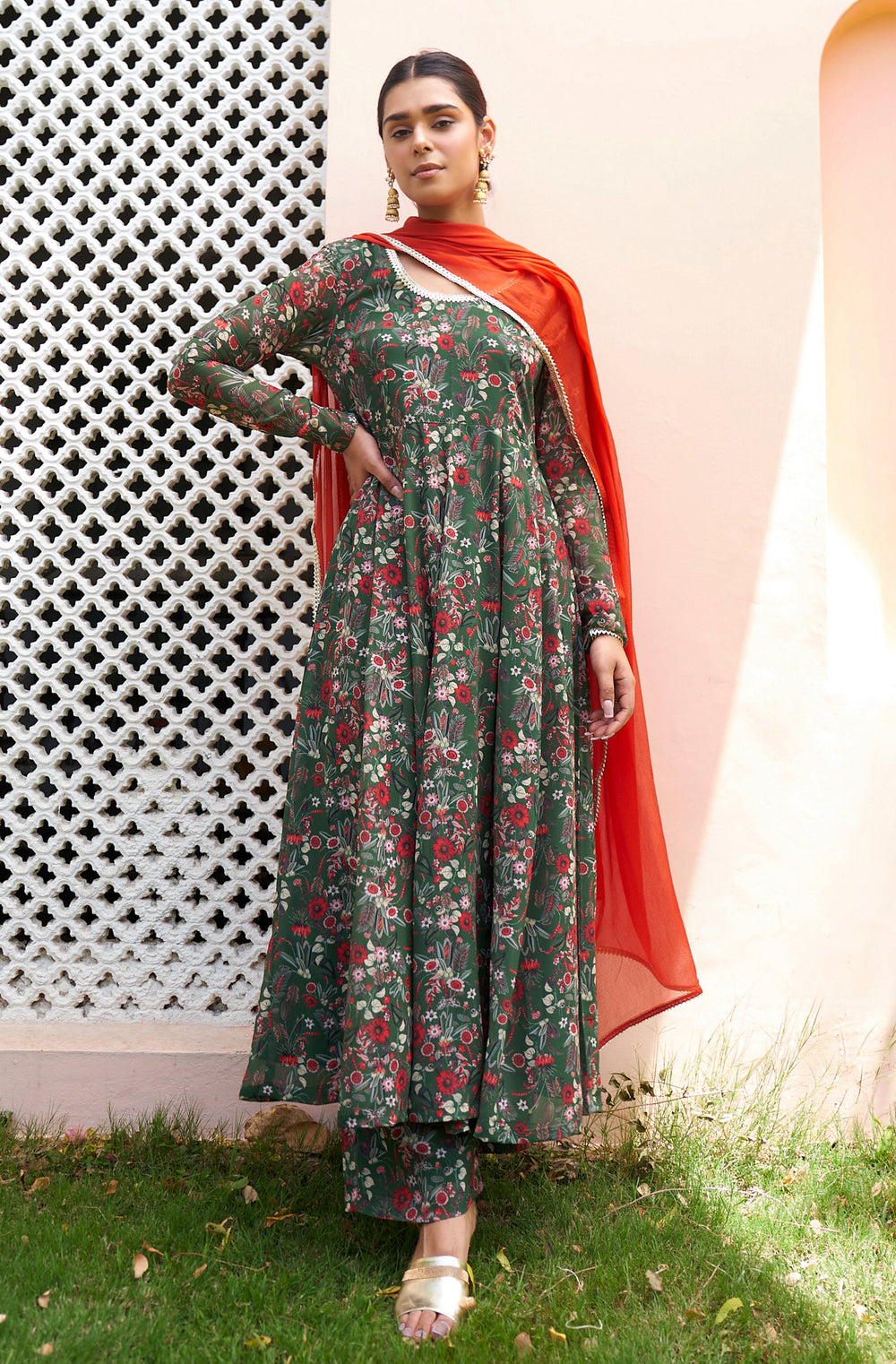 Bottle-Green-Georgette-Digital-Printed-3-Piece-Anarkali-Set