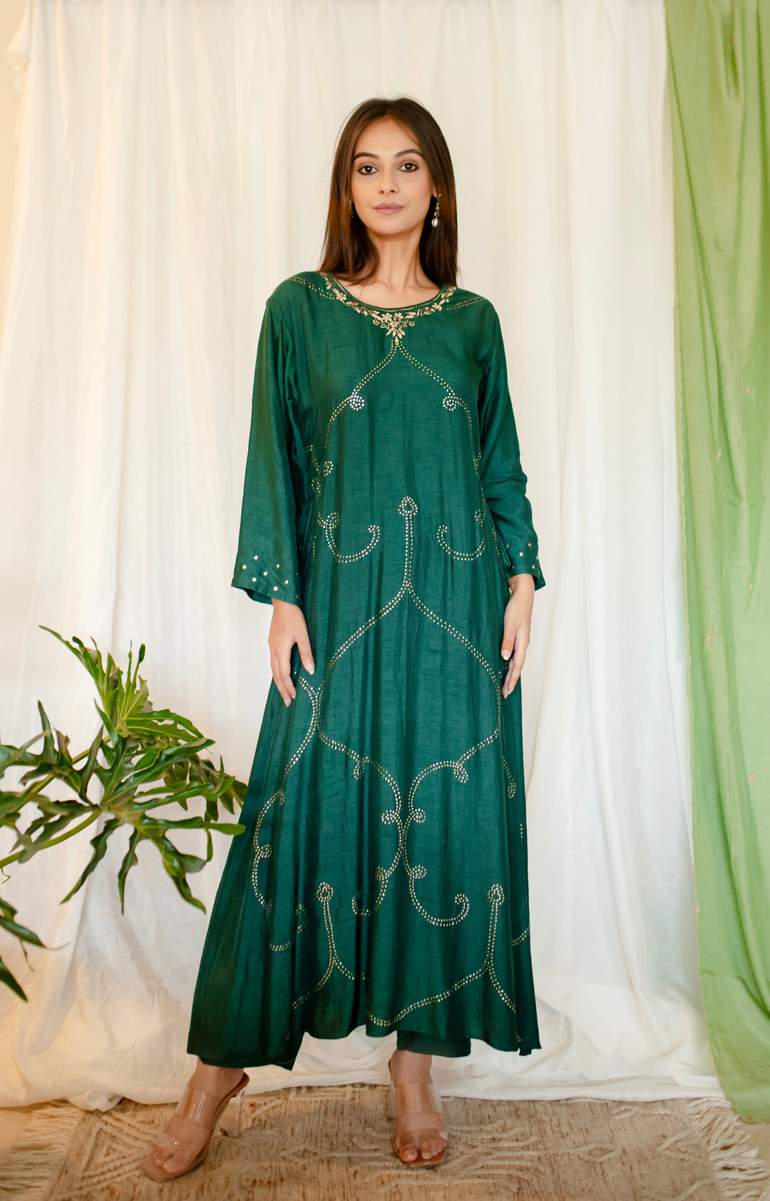 Bottle-Green-Silk-A-Line-Mukaish-Jaal-2-Piece-Kurta-Set