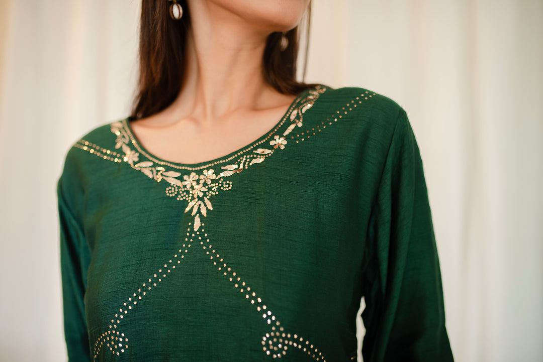 Bottle-Green-Silk-A-Line-Mukaish-Jaal-2-Piece-Kurta-Set
