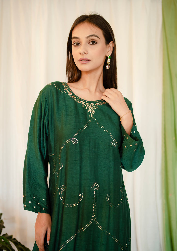 Bottle-Green-Silk-A-Line-Mukaish-Jaal-2-Piece-Kurta-Set