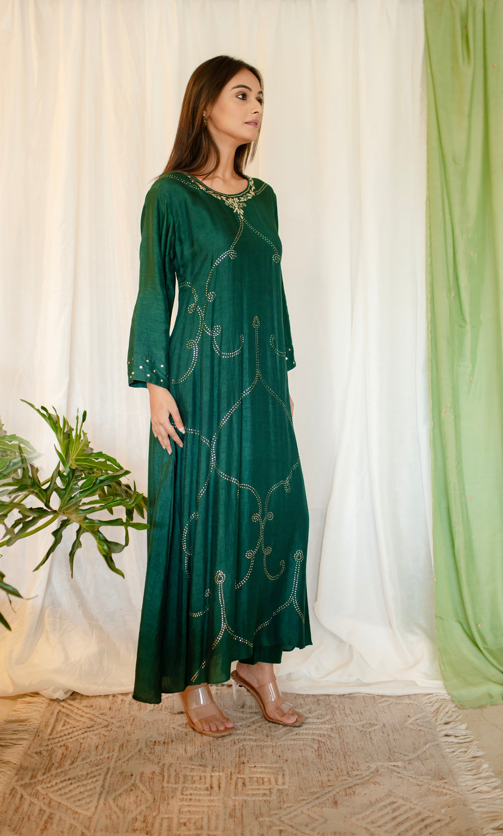 Bottle-Green-Silk-A-Line-Mukaish-Jaal-2-Piece-Kurta-Set