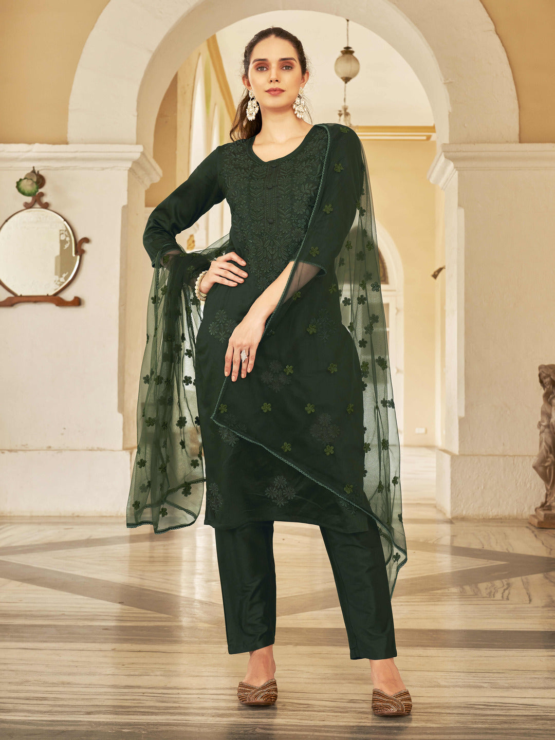 Bottle-Green-Silk-Blend-Tonal-Thread-Straight-Cut-Kurta-Set
