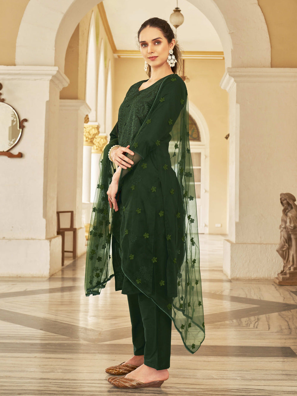 Bottle-Green-Silk-Blend-Tonal-Thread-Straight-Cut-Kurta-Set