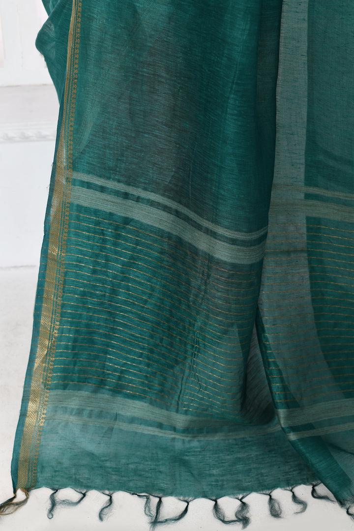 Bottle-Green-Tussar-Linen-Handloom-Saree-With-Embroidered-Blouse