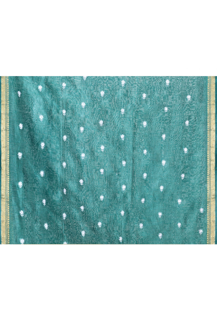 Bottle-Green-Tussar-Linen-Handloom-Saree-With-Embroidered-Blouse