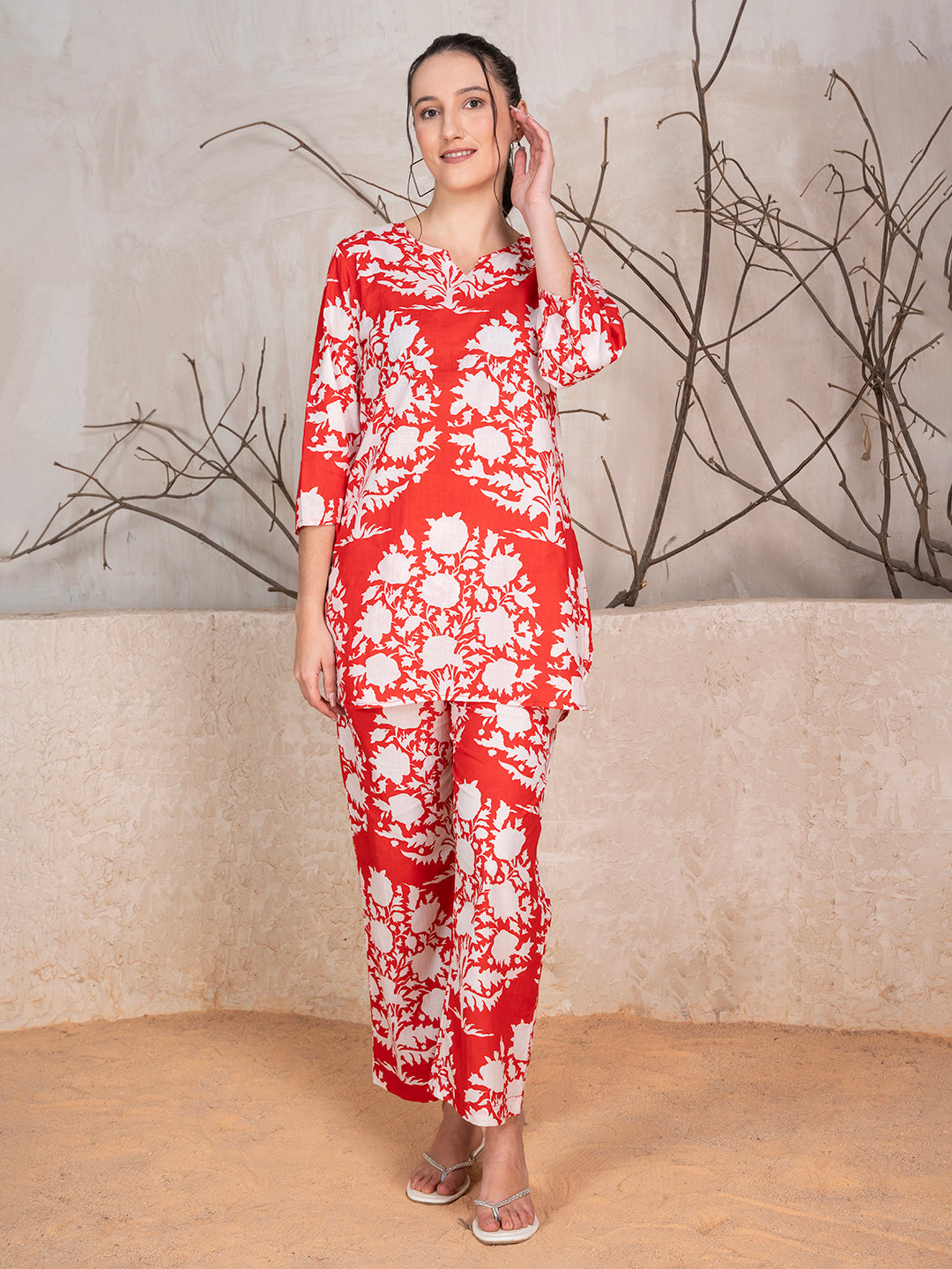 Brick Red Cotton Botanical Print Co-Ord Set