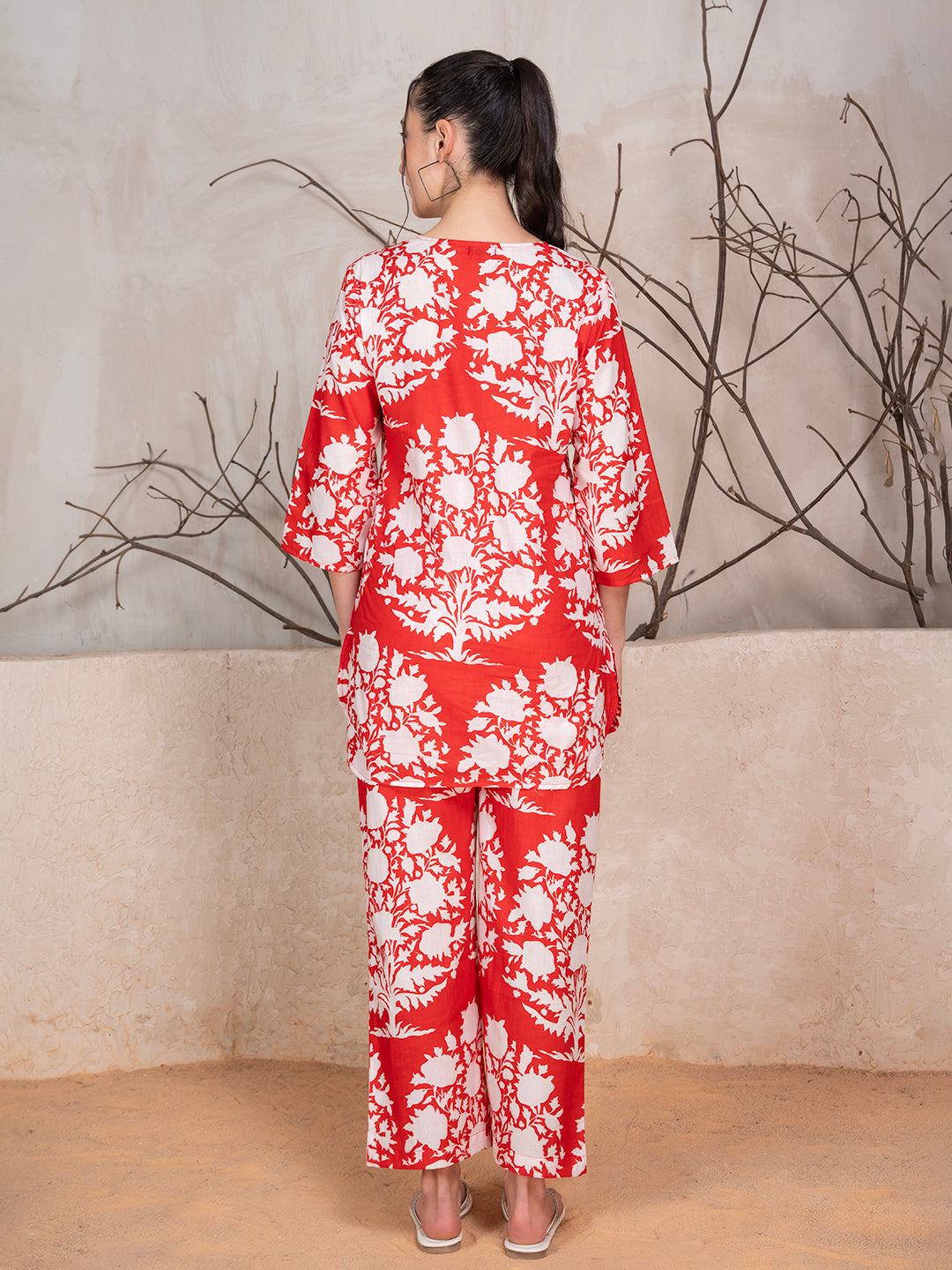 Brick Red Cotton Botanical Print Co-Ord Set